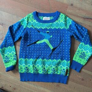 Tipsy Elves Green Blue Knit Skier Snowflake Sweater Women Size M - like NEW